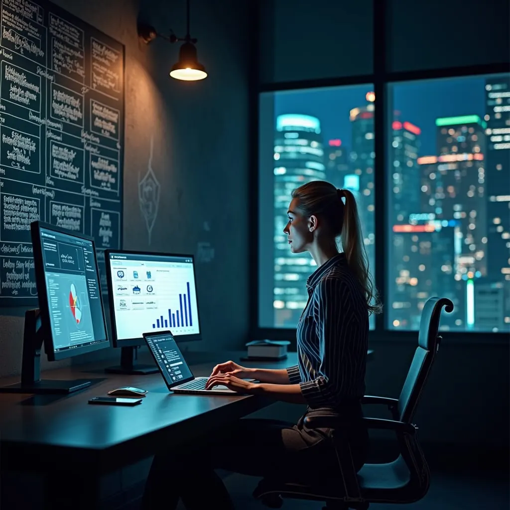 Engineer reviewing dashboards across several monitors
